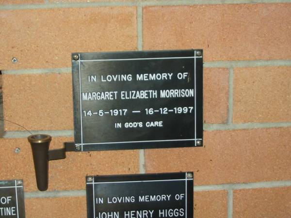 Margaret Elizabeth MORRISON,  | 14-5-1917 - 16-12-1997;  | Lower Coomera cemetery, Gold Coast  | 