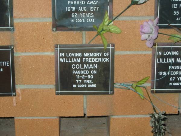 William Frederick COLMAN,  | died 11-2-90 aged 77 years;  | Lower Coomera cemetery, Gold Coast  | 