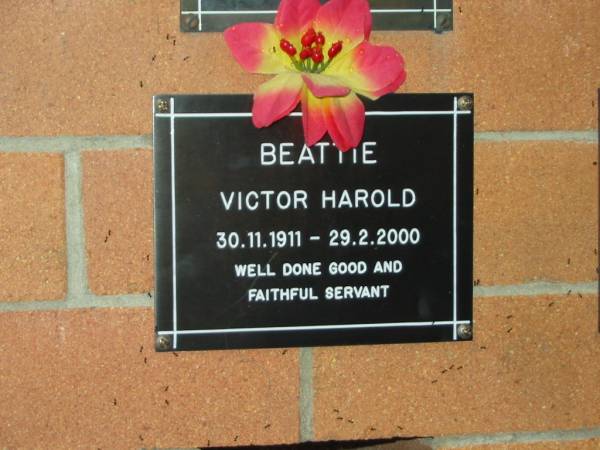Victor Harold BEATTIE,  | 30-11-1911 - 29-2-2000;  | Lower Coomera cemetery, Gold Coast  | 