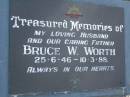 
Bruce W. WORTH,
husband father,
25-6-46 - 10-3-88;
Lower Coomera cemetery, Gold Coast
