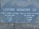 
Ernest James CLIFFORD,
died 15-4-84 aged 73 years;
Mollie Joan CLIFFORD,
died 2-10-1994 aged 76 years;
Lower Coomera cemetery, Gold Coast
