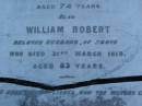 
Ann,
wife of William Robert OXENFORD,
died 13 Oct 1911 aged 74 years;
William Robert,
husband,
died 31 March 1919 aged 83 years;
Lower Coomera cemetery, Gold Coast
