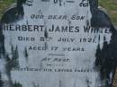 
Herbert James WHITE,
son,
died 8 July 1921 aged 17 years,
erected by parents;
Lower Coomera cemetery, Gold Coast
