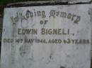 
Edwin BIGNELL,
died 14 May 1946 aged 63 years;
Lower Coomera cemetery, Gold Coast
