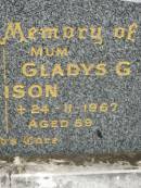 
James A. ELLISON,
dad,
died 4-2-1956 aged 41 years;
Gladys G. ELLISON,
mum,
died 24-11-1967 aged 59 years;
Lower Coomera cemetery, Gold Coast
