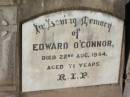 Edward (Ned) O'CONNOR, died 22 Aug 1944 aged 71 years; St Michael's Catholic Cemetery, Lowood, Esk Shire 