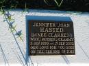 
Jennifer Joan HASTED (nee CLARKE),
wife mother grammy,
5 Sept 1939 - 13 Sept 2002;
St Michaels Catholic Cemetery, Lowood, Esk Shire
