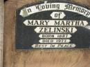 
Mary Martha ZELINSKI,
born 1887 died 1977;
St Michaels Catholic Cemetery, Lowood, Esk Shire
