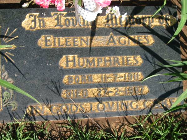 Eileen Agnes HUMPHRIES,  | born 11-7-1911 died 27-2-1987;  | St Michael's Catholic Cemetery, Lowood, Esk Shire  | 