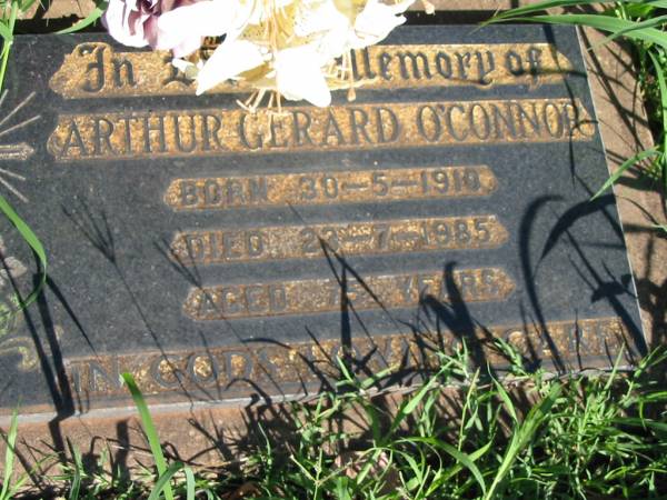 Arthur Gerard O'CONNOR,  | born 30-5-1910 died 23-7-1985 aged 75 years;  | St Michael's Catholic Cemetery, Lowood, Esk Shire  | 