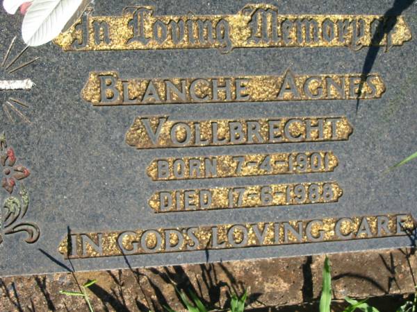 Blanche Agnes VOLLBRECHT,  | born 7-4-1901 died 17-6-1988;  | St Michael's Catholic Cemetery, Lowood, Esk Shire  | 