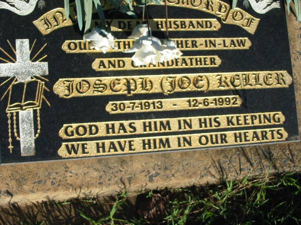 Joseph (Joe) KELLER,  | husband father father-in-law grandfather,  | 30-7-1913 - 12-6-1992;  | St Michael's Catholic Cemetery, Lowood, Esk Shire  | 