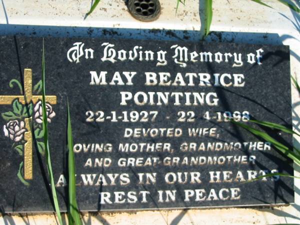 May Beatrice POINTING,  | 22-1-1927 22-4-1998,  | wife mother grandmother great-grandmother;  | St Michael's Catholic Cemetery, Lowood, Esk Shire  | 