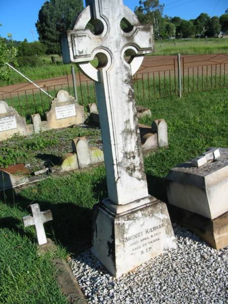 Bridget KIERNAN,  | died 9 April 1915 aged 83 years;  | St Michael's Catholic Cemetery, Lowood, Esk Shire  | 