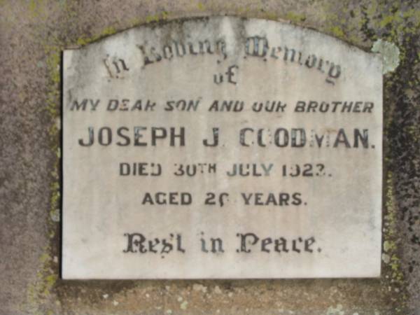 Joseph J. GOODMAN, son brother,  | died 30 July 1923 aged 26 years;  | St Michael's Catholic Cemetery, Lowood, Esk Shire  | 