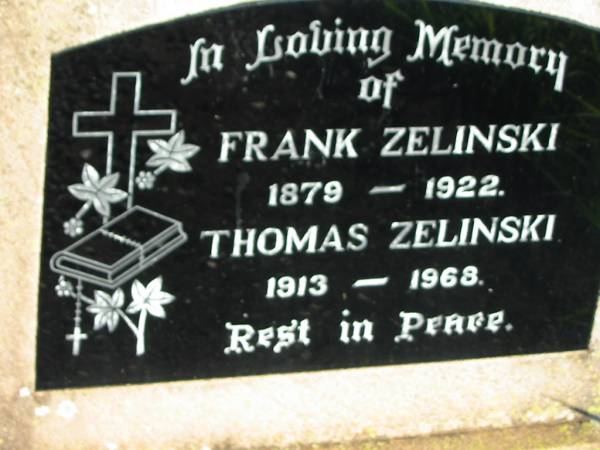 Frank ZELINSKI,  | 1879 - 1922;  | Thomas ZELINSKI,  | 1913 - 1968;  | St Michael's Catholic Cemetery, Lowood, Esk Shire  | 