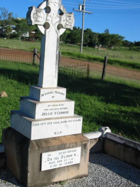 Jessie O'CONNOR, wife mother,  | died 19 Oct 1926 aged 42 years;  | Daniel O'CONNOR, father,  | died 25 Sept 1940 aged 58? years;  | St Michael's Catholic Cemetery, Lowood, Esk Shire  | 