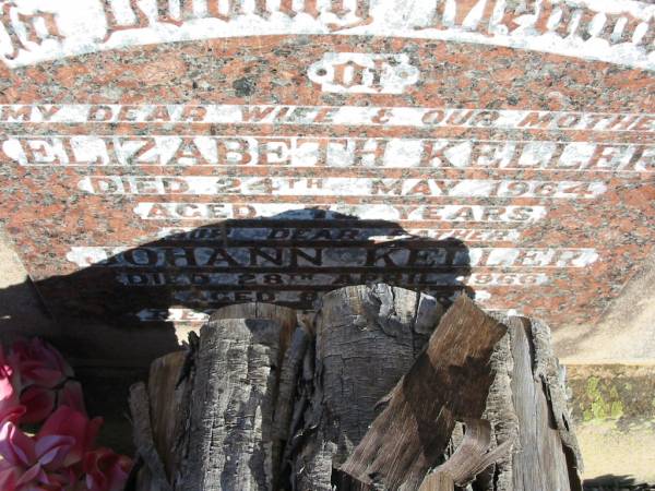 Elizabeth KELLER, wife mother,  | died 24 May 1964 aged 72 years;  | Johann KELLER, father,  | died 28 April 1966 aged 82 years;  | St Michael's Catholic Cemetery, Lowood, Esk Shire  | 