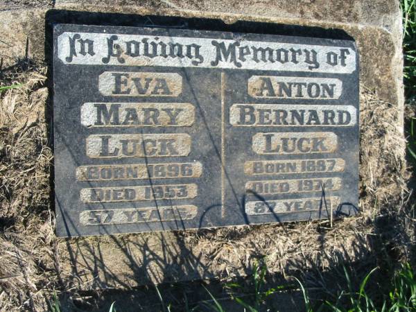 Eva Mary LUCK,  | born 1896 died 1953 aged 57 years;  | Anton Bernard LUCK,  | born 1887 died 1974 aged 87 years;  | St Michael's Catholic Cemetery, Lowood, Esk Shire  | 