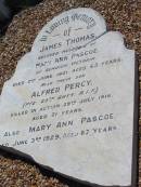 James Thomas (PASCOE) (husband of Mary Ann PASCOE) of Bendigo, Victoria d: 2 Jun 1921, aged 65 years (son) Alfred Percy (PASCOE) killed in action 29 Jul 1916, aged 21 Mary Ann PASCOE 3 Jun 1929, aged 67  Glory Thelma (PASCOE) daughter of R S and C PASCOE 30 May 1920, aged 7  Lowood General Cemetery  