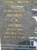 
Arthur E A JAENKE
18 May 1965, aged 83
Isabella Grace JAENKE
2 Jan 1983, aged 73
Lowood General Cemetery

