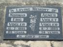 Norman Eric VOGLER d: 10 Jul 1995, aged 85 Agnes Violet VOGLER 9 Jul 1985, aged 74 Lowood General Cemetery  