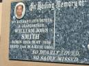 
William John SMITH
b: 19 May 1938, d: 2 Mar 1994
Lowood General Cemetery

