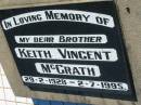 
Keith Vincent McGRATH
b: 29 Feb 1928, d: 2 Jul 1995
Lowood General Cemetery

