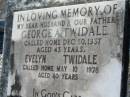 
George A TWIDALE
30 Dec 1937, aged 43
Evelyn TWIDALE
10 May 1978, aged 80
Lowood General Cemetery

