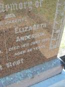 Robert ANDERSON 5 Aug 1921, aged 63 Elizabeth ANDERSON 14 Jun 1949, aged 86 Lowood General Cemetery  