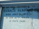 Charlie BERGMAN 5 Jul 1915, in 16th year Frederick BERGMAN 68 years Lowood General Cemetery  