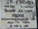 
Shane Anthony HUGHES
accidentally killed 16 Apr 1974, aged 14
Lowood General Cemetery

