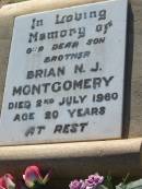 
Brian N J MONTGOMERY
2 Jul 1960, aged 20
Lowood General Cemetery

