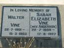 Walter VINE b: 22 Jul 1901, d: 15 Mar 1993 Sarah Elizabeth VINE (nee ANDERSON) b: 22 Jul 1908. d: 17 Aug 1997 Lowood General Cemetery  