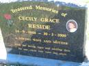 
Cecily Grace RESIDE
b: 24 Sep 1948, d: 30 Mar 2000
Lowood General Cemetery

