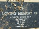 Kenneth Logan WEIR b: 2 Sep 1929, d: 20 Sep 2003, aged 74 Lowood General Cemetery  