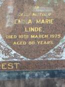 Jens Neilsen LINDE 9 Aug 1961, aged 76 Emma Marie LINDE 10 Mar 1975, aged 80 Lowood General Cemetery  