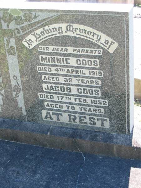 Minnie COOS  | 4 Apr 1919, aged 39  | Jacob COOS  | 17 Feb 1952, aged 79  | Lowood General Cemetery  |   | 