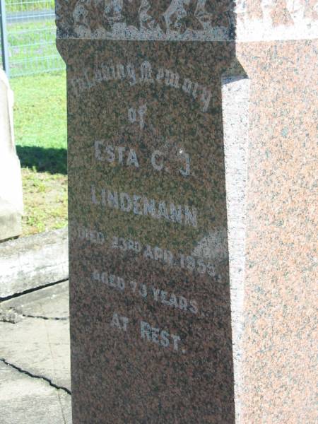 (son) Evan LINDEMANN  | 29 Oct 1931, aged 18 years 4 months  | (husband) Herman LINDEMANN  | 30 Jan 1952, aged 79  | Esta C.J. LINDEMANN  | 23 Apr 1955, aged 73  | Lowood General Cemetery  |   | 