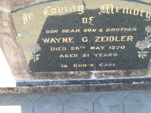 Wayne G ZEIDLER  | 26 May 1970, aged 21  | Lowood General Cemetery  |   |   | 