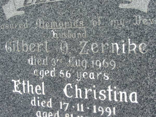Gilbert O ZERNIKE  | 3 Aug 1969, aged 56  | Ethel Christina ZERNIKE  | 17 Nov 1991, aged 81  | Lowood General Cemetery  |   | 