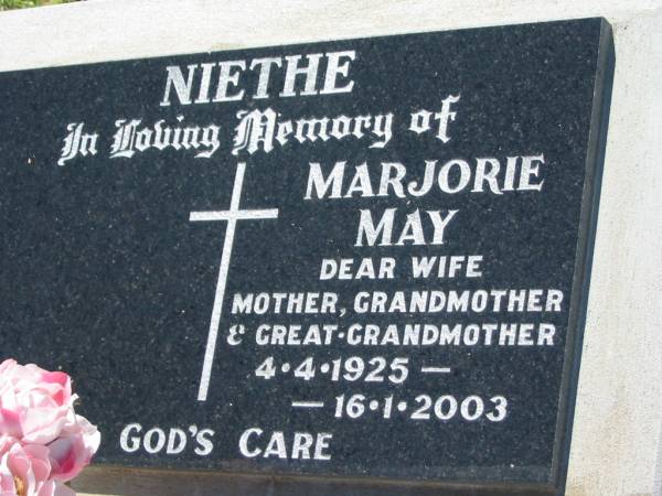 Marjorie May NIETHE  | b: 4 Apr 1925, d: 16 Jan 2003  | Lowood General Cemetery  |   | 