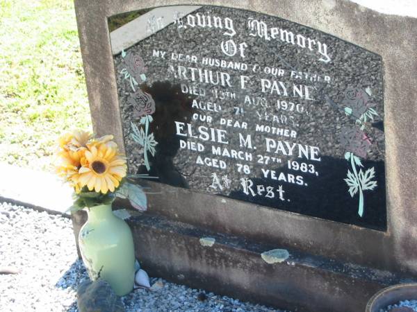 Arthur F PAYNE  | 13 Aug 1970, aged 71  | Elsie M PAYNE  | 27 Mar 1983, aged 78  | Lowood General Cemetery  |   | 