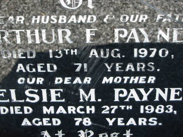 Arthur F PAYNE  | 13 Aug 1970, aged 71  | Elsie M PAYNE  | 27 Mar 1983, aged 78  | Lowood General Cemetery  |   | 