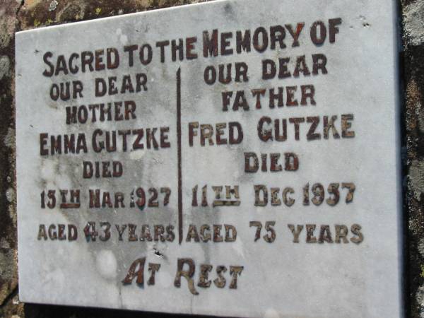 Emma GUTZKE  | 15 Mar 1927, aged 43  | Fred GUTZKE  | 11 Dec 1957, aged 75  | Lowood General Cemetery  |   | 