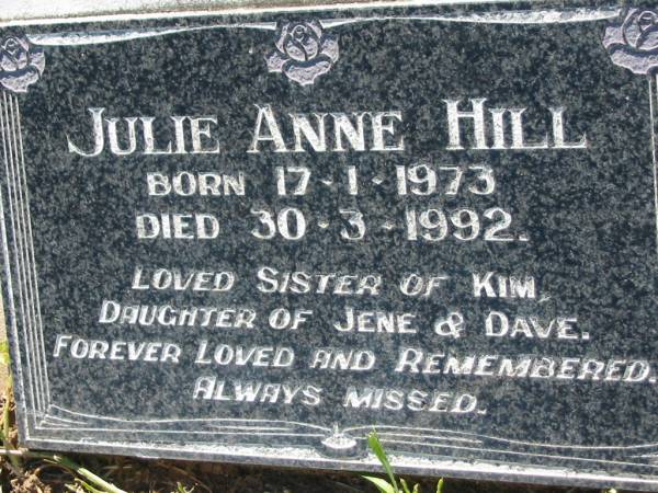 Julie Anne HILL  | b: 17 Jan 1973, d: 30 Mar 1992  | (sister of Kim, daughter of Jene and Dave)  | Lowood General Cemetery  |   | 