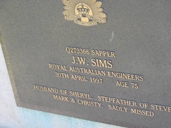J W SIMS  | 30 Apr 1997, aged 75  | (husband of Sheryl, stepfather of Steve, Mark, Christy)  | Lowood General Cemetery  |   | 