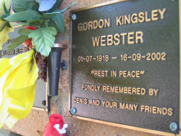 Gordon Kingsley WEBSTER  | b: 1 Jul 1918, d: 16 Sep 2002  | (remembered by Denis)  | Lowood General Cemetery  |   | 