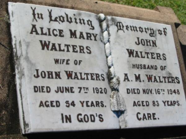 (wife) Alice Mary WALTERS  | 7 Jun 1920, aged 54  | (husband) John WALTERS  | 16 Nov 1948, aged 83  | Lowood General Cemetery  |   | 