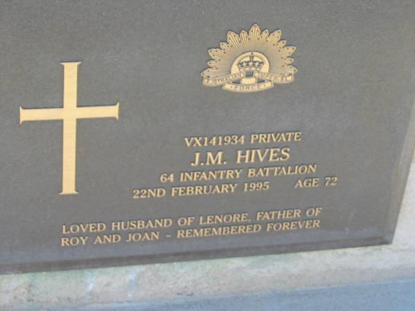 J M HIVES  | 22 Feb 1995, aged 72  | (husband of Lenore, father of Roy, Joan)  | Lowood General Cemetery  |   | 